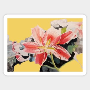 Red Lily Watercolor Painting on Yellow Sticker